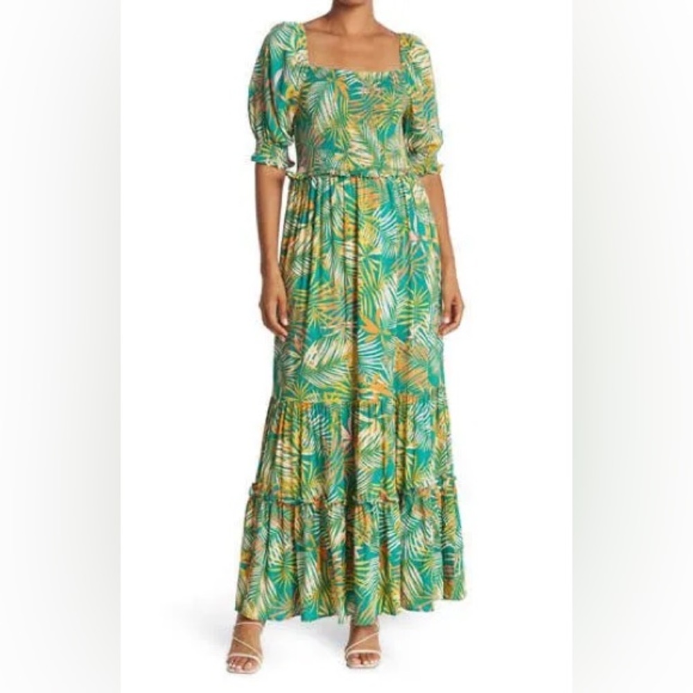 Betsey‎ Johnson Palm Leaf Printed Maxi Dress Medium Tropical Wedding Guest Boho